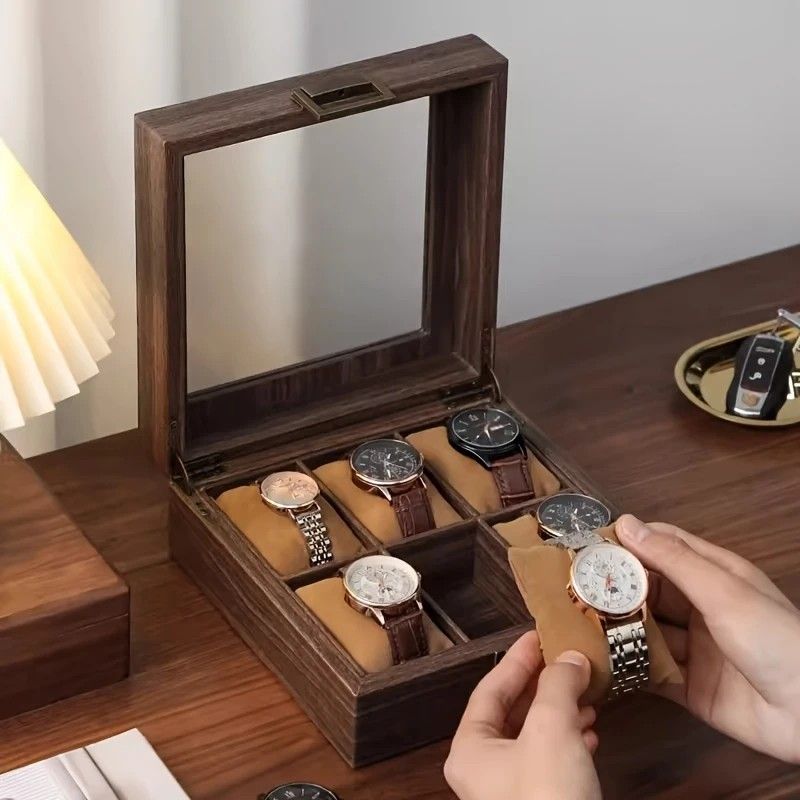 Wood Grain Faux Leather Watch Storage Box - 6-Compartment Dustproof Display Case, Soft Lined Interior, Hinged Flip-Top Lid, Suitable for Home and Retail Use, Decorative Storage Box
