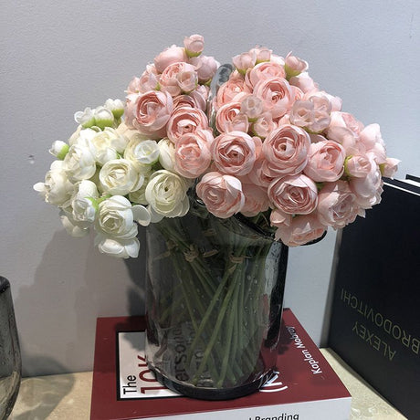 Simulated lotus lily bunched flowers, 6 stems per bunch 28cm long, realistic wrinkled petals in multiple colors, includes flower buds and large blooms, versatile decoration for weddings, home and DIY floral art.(rose-carmine)