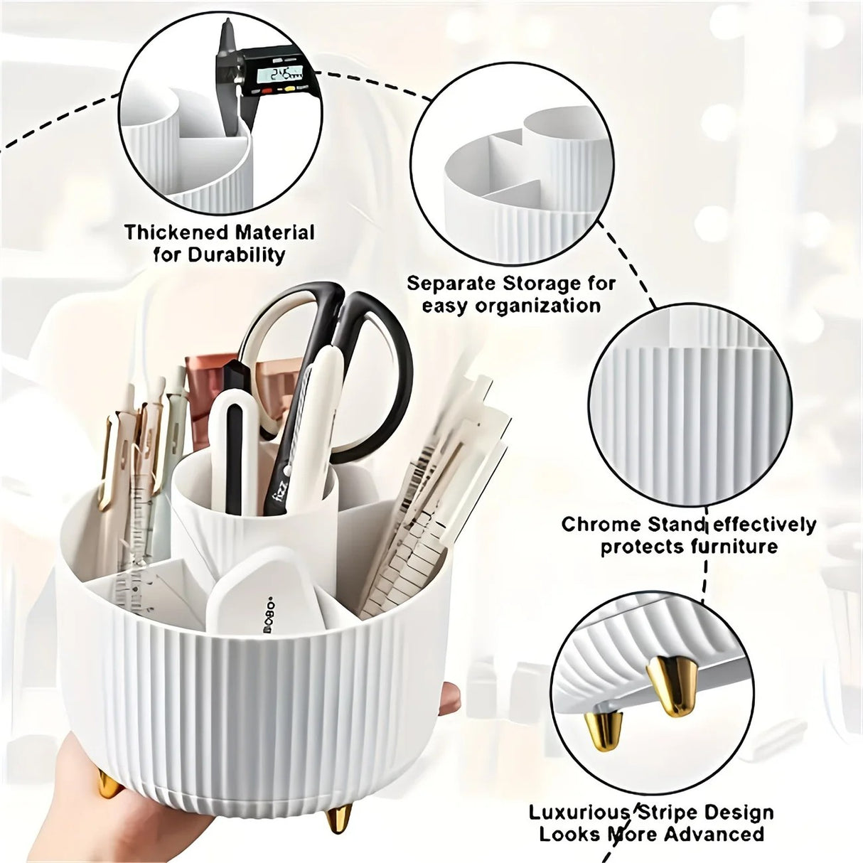 360-Degree Rotating Cosmetic Organizer – 1 Plastic Makeup Storage Box with 5 Compartments – Multi-Purpose Holder for Brushes, Lipsticks, Skincare Products, and Stationery – Durable Odor-Free Desktop Storage Container with Luxurious Stripe Design.WHITE