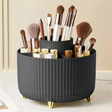 360-Degree Rotating Cosmetic Organizer – 1 Plastic Makeup Storage Box with 5 Compartments – Multi-Purpose Holder for Brushes, Lipsticks, Skincare Products, and Stationery – Durable Odor-Free Desktop Storage Container with Luxurious Stripe Design.WHITE