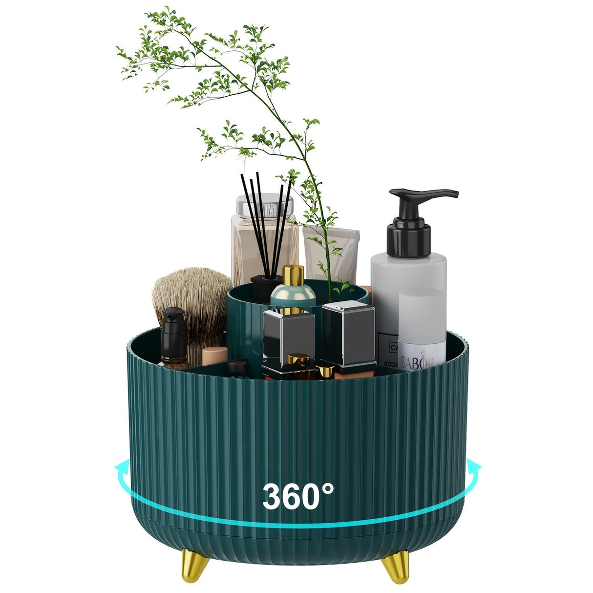 360-Degree Rotating Cosmetic Organizer – 1 Plastic Makeup Storage Box with 5 Compartments – Multi-Purpose Holder for Brushes, Lipsticks, Skincare Products, and Stationery – Durable Odor-Free Desktop Storage Container with Luxurious Stripe Design.WHITE