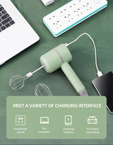 White  Wireless charging handheld mixer, 30W with three-speed settings. Dual whisk heads designed for whipping eggs, cream, and batter. Suitable for both kitchen and outdoor use, also an ideal gift.