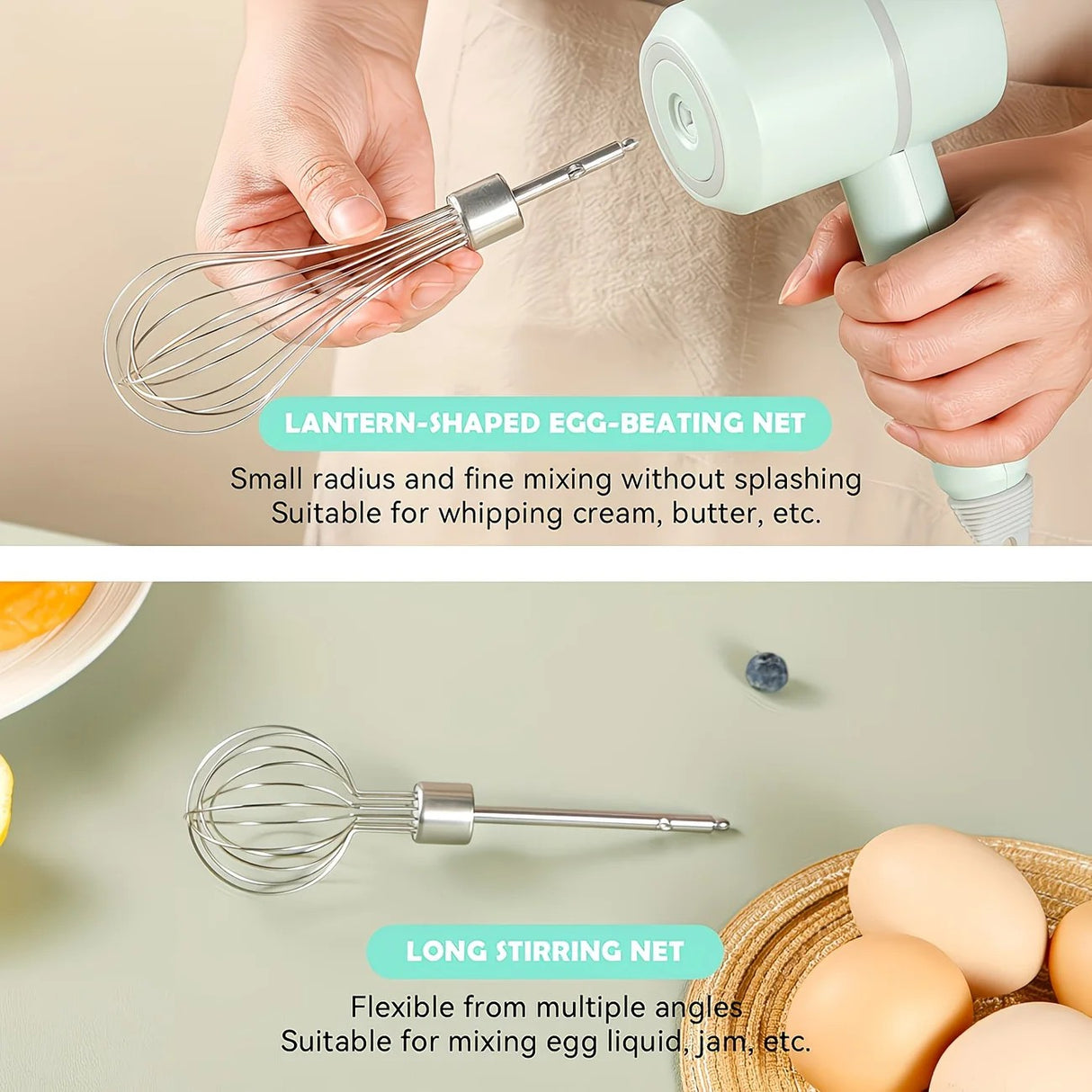 White  Wireless charging handheld mixer, 30W with three-speed settings. Dual whisk heads designed for whipping eggs, cream, and batter. Suitable for both kitchen and outdoor use, also an ideal gift.