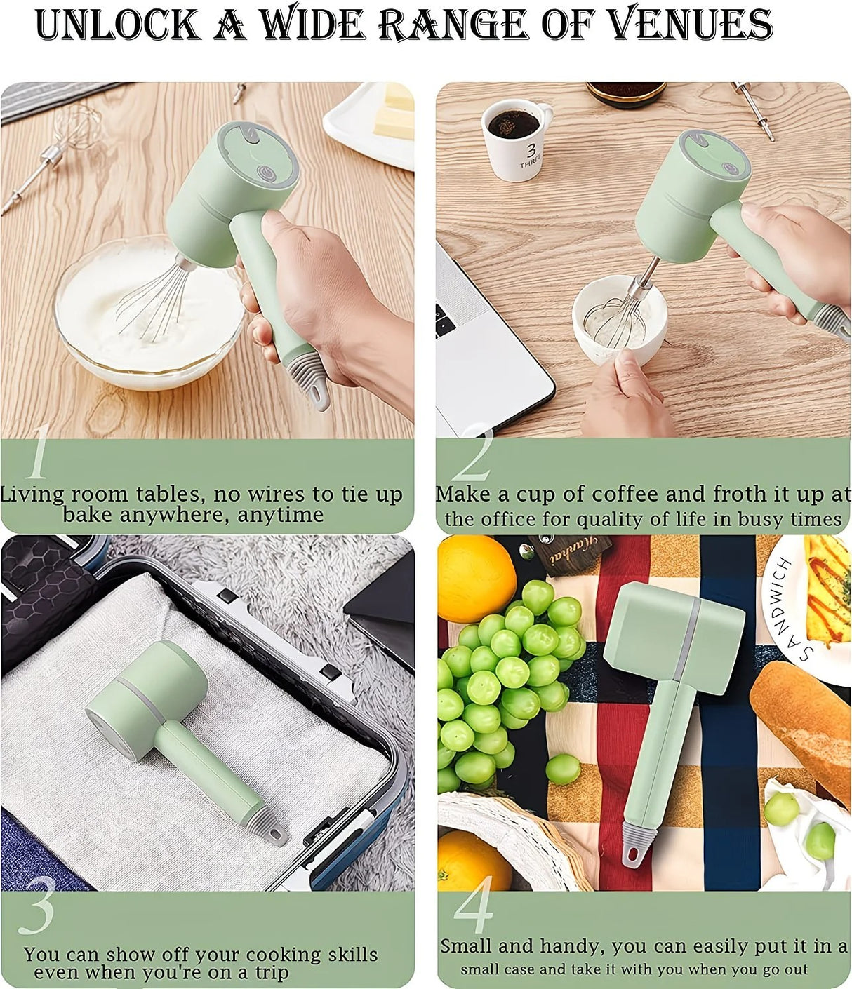 White  Wireless charging handheld mixer, 30W with three-speed settings. Dual whisk heads designed for whipping eggs, cream, and batter. Suitable for both kitchen and outdoor use, also an ideal gift.