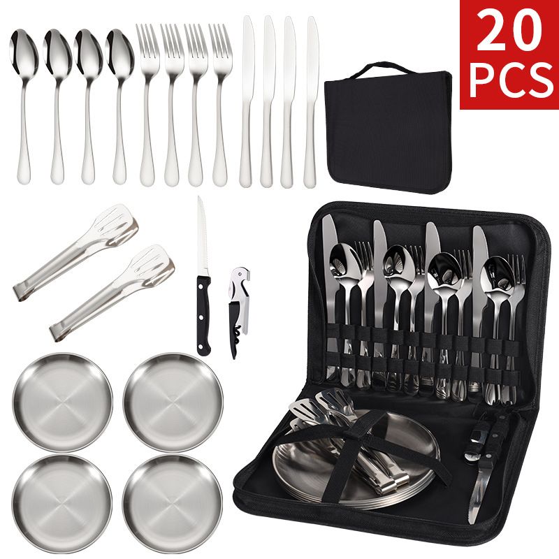 【20-Piece】Outdoor Portable Stainless Steel Cutlery Set, food-grade material, includes knife, fork, spoon, plate, tongs & opener. Comes with carry bag, essential for camping, commuting & dining.(silver)