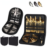 【20-Piece】Outdoor Portable Stainless Steel Cutlery Set, food-grade material, includes knife, fork, spoon, plate, tongs & opener. Comes with carry bag, essential for camping, commuting & dining.(silver)