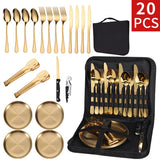 【20-Piece】Outdoor Portable Stainless Steel Cutlery Set, food-grade material, includes knife, fork, spoon, plate, tongs & opener. Comes with carry bag, essential for camping, commuting & dining.(silver)