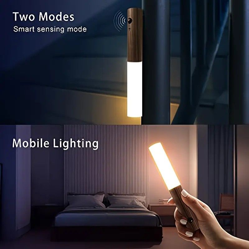 2-Pack USB Rechargeable Magnetic LED Night Light – Motion Sensor Wall Light for Bedroom, Kitchen & Bathroom/Walnut color