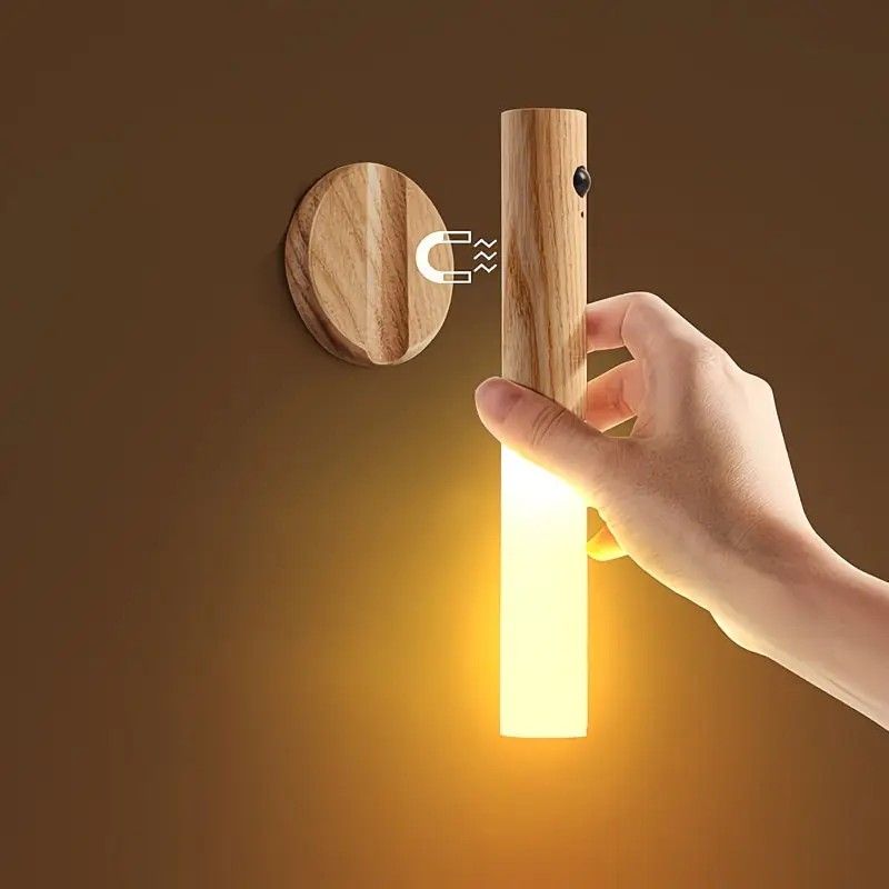 1-Pack USB Rechargeable Magnetic LED Night Light – Motion Sensor Wall Light for Bedroom, Kitchen & Bathroom/Ash wood color
