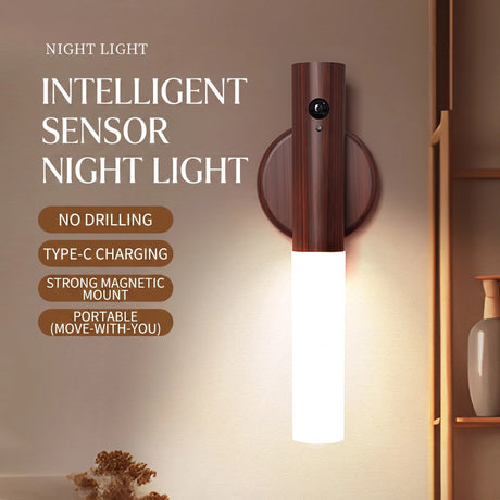 1-Pack USB Rechargeable Magnetic LED Night Light – Motion Sensor Wall Light for Bedroom, Kitchen & Bathroom/Walnut color