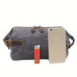 Vintage Waxed Canvas & Cowhide Cylinder Bag, Dopp Kit with Dual Zippers, Commute Travel Crossbody.(black)
