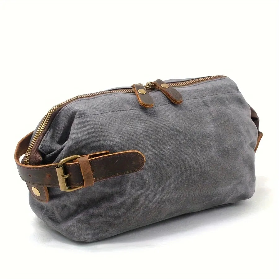 Vintage Waxed Canvas & Cowhide Cylinder Bag, Dopp Kit with Dual Zippers, Commute Travel Crossbody.(black)