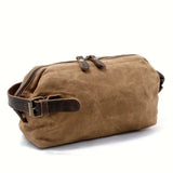 Vintage Waxed Canvas & Cowhide Cylinder Bag, Dopp Kit with Dual Zippers, Commute Travel Crossbody(Dark grey)