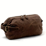 Vintage Waxed Canvas & Cowhide Cylinder Bag, Dopp Kit with Dual Zippers, Commute Travel Crossbody(Dark grey)