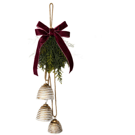Vintage Christmas Bell Hanging Decoration | Distressed Metal Bell + Velvet Bow, Accented with Pine Greenery, Warm Holiday Atmosphere