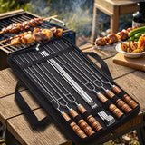 Upgraded Stainless Steel BBQ Skewers Set with Thickened Heat-Resistant Beech Wood Handles, U-Shaped & Spiral Dual Styles for Anti-Slip Meat-Locking, Comes with Oxford Bag for Portable Storage, Essential for Outdoor Grilling & Camping.
