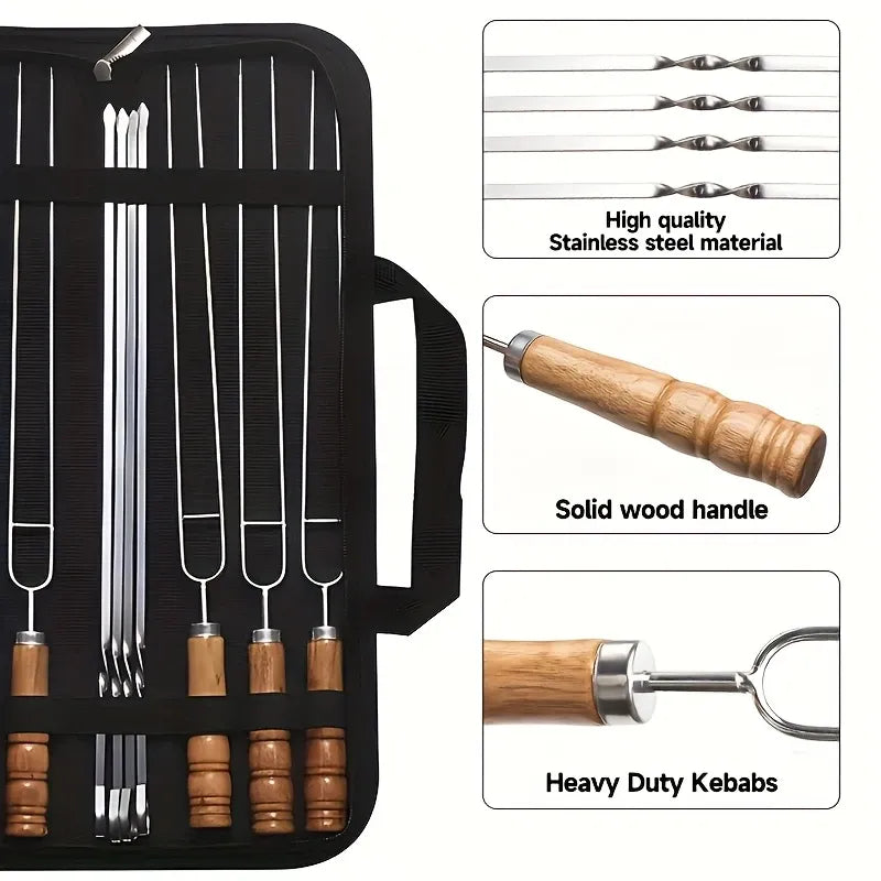 Upgraded Stainless Steel BBQ Skewers Set with Thickened Heat-Resistant Beech Wood Handles, U-Shaped & Spiral Dual Styles for Anti-Slip Meat-Locking, Comes with Oxford Bag for Portable Storage, Essential for Outdoor Grilling & Camping.