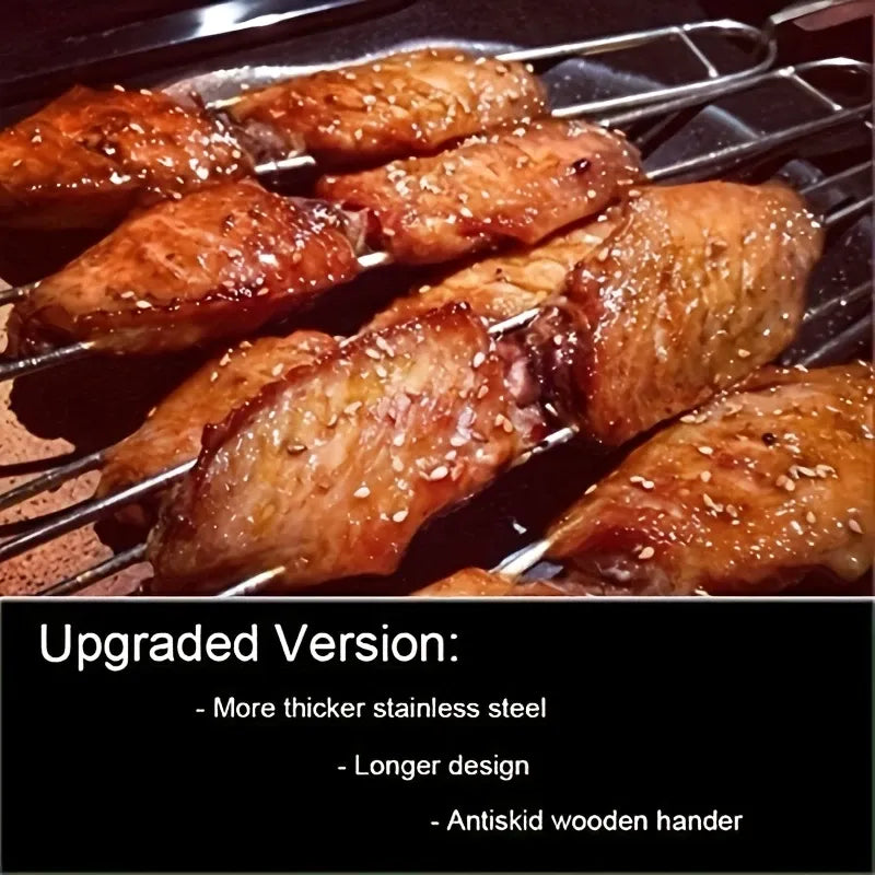 Upgraded Stainless Steel BBQ Skewers Set with Thickened Heat-Resistant Beech Wood Handles, U-Shaped & Spiral Dual Styles for Anti-Slip Meat-Locking, Comes with Oxford Bag for Portable Storage, Essential for Outdoor Grilling & Camping.