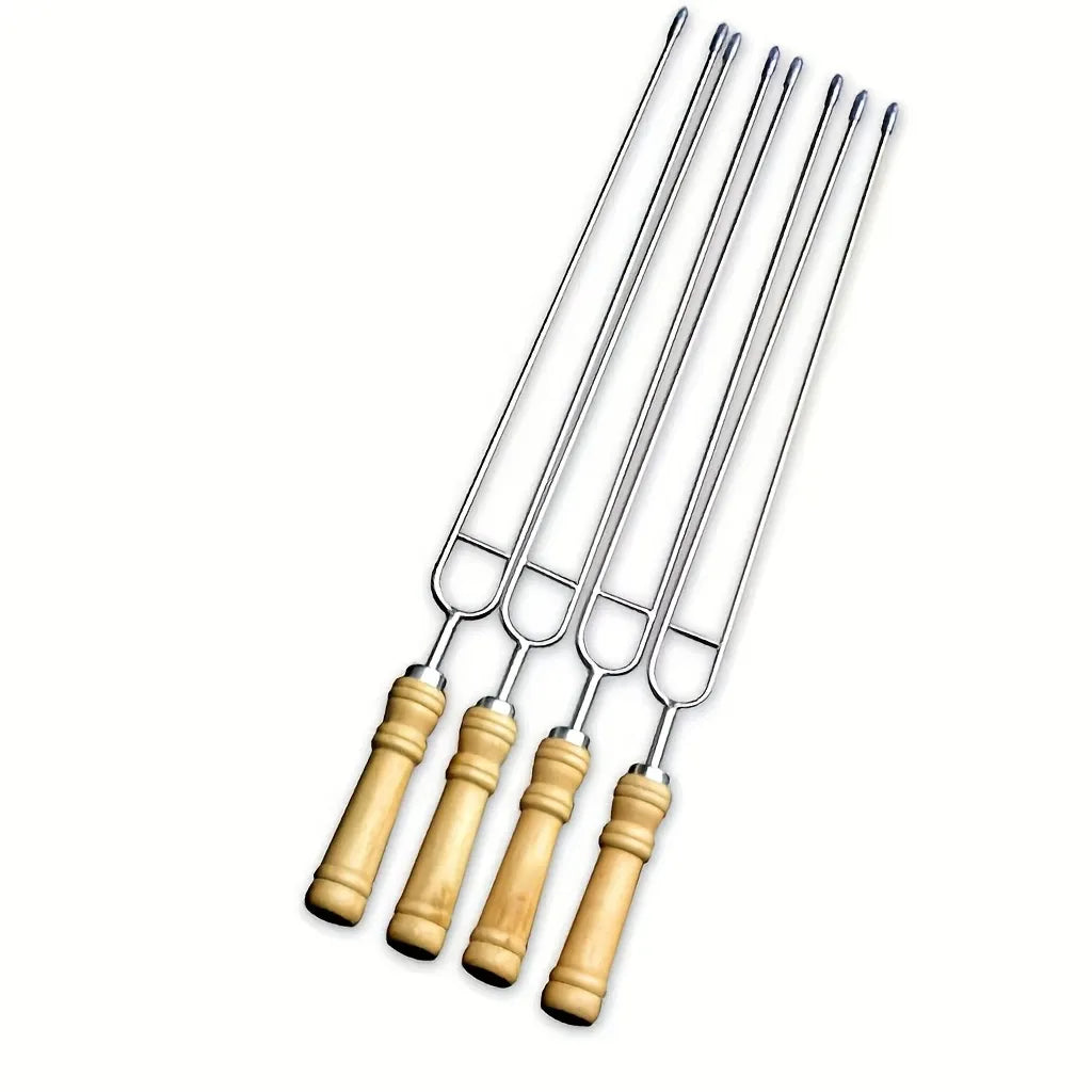 Upgraded Stainless Steel BBQ Skewers Set with Thickened Heat-Resistant Beech Wood Handles, U-Shaped & Spiral Dual Styles for Anti-Slip Meat-Locking, Comes with Oxford Bag for Portable Storage, Essential for Outdoor Grilling & Camping.