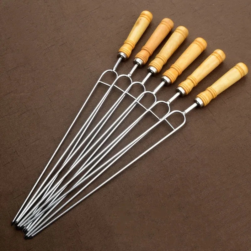 Upgraded Stainless Steel BBQ Skewers Set with Thickened Heat-Resistant Beech Wood Handles, U-Shaped & Spiral Dual Styles for Anti-Slip Meat-Locking, Comes with Oxford Bag for Portable Storage, Essential for Outdoor Grilling & Camping.