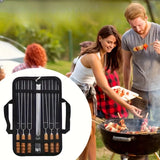 Upgraded Stainless Steel BBQ Skewers Set with Thickened Heat-Resistant Beech Wood Handles, U-Shaped & Spiral Dual Styles for Anti-Slip Meat-Locking, Comes with Oxford Bag for Portable Storage, Essential for Outdoor Grilling & Camping.