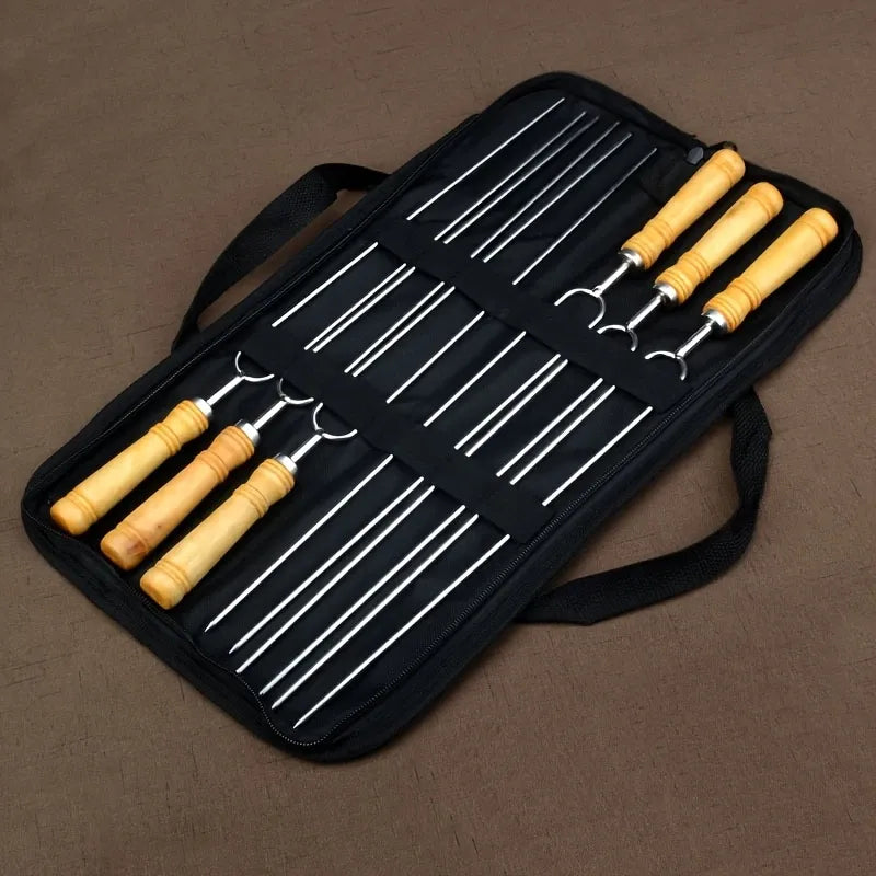 Upgraded Stainless Steel BBQ Skewers Set with Thickened Heat-Resistant Beech Wood Handles, U-Shaped & Spiral Dual Styles for Anti-Slip Meat-Locking, Comes with Oxford Bag for Portable Storage, Essential for Outdoor Grilling & Camping.