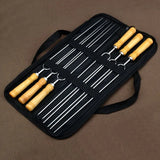 Upgraded Stainless Steel BBQ Skewers Set with Thickened Heat-Resistant Beech Wood Handles, U-Shaped & Spiral Dual Styles for Anti-Slip Meat-Locking, Comes with Oxford Bag for Portable Storage, Essential for Outdoor Grilling & Camping.