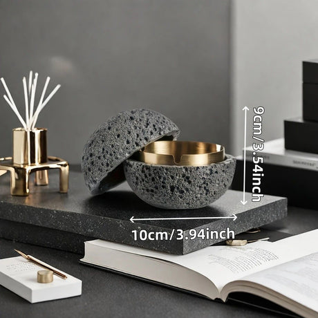 Nordic industrial style concrete ashtray, handcrafted with natural texture, detachable stainless steel bowl with anti-ash lid — easy to clean, durable, suitable for living rooms, bars, offices, ideal gift for Father’s Day, Christmas, housewarming.（BLACK)