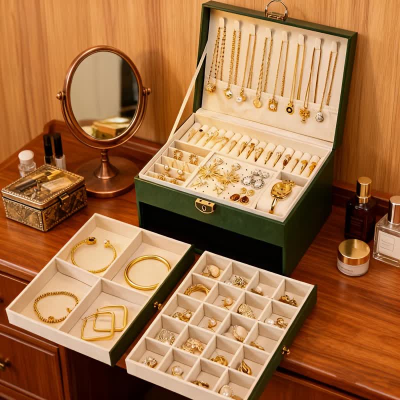 Dark green Multi - layer Jewelry Storage Box: Velvet Lining, Three - layer Zoning, Double - drawer Storage for Accessories