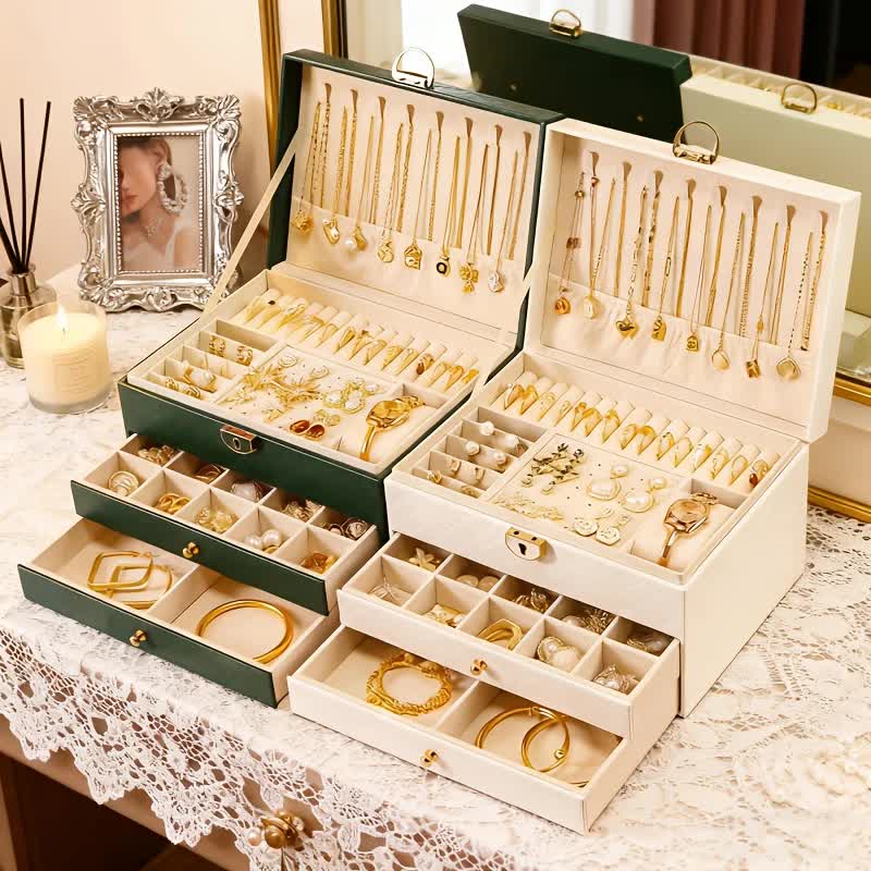 Dark green Multi - layer Jewelry Storage Box: Velvet Lining, Three - layer Zoning, Double - drawer Storage for Accessories