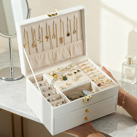 White Multi - layer Jewelry Storage Box: Velvet Lining, Three - layer Zoning, Double - drawer Storage for Accessories