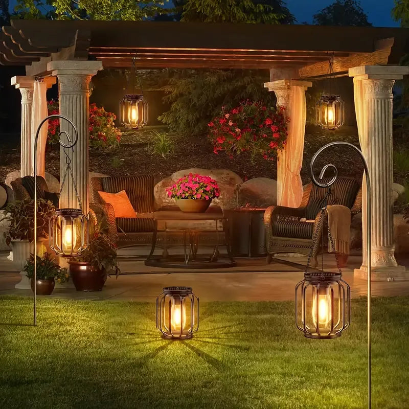 Outdoor Solar Retro Metal Hanging Lantern 2-Pack, Warm Filament, IP44 Waterproof, Garden Patio Decor Light