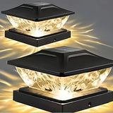 2PCS Solar outdoor post cap light, IP65 waterproof and weather-resistant, auto light control, charges by day and lights up at night, warm crystal lampshade, fits various posts, ideal for patio, fence, and garden decor.*black