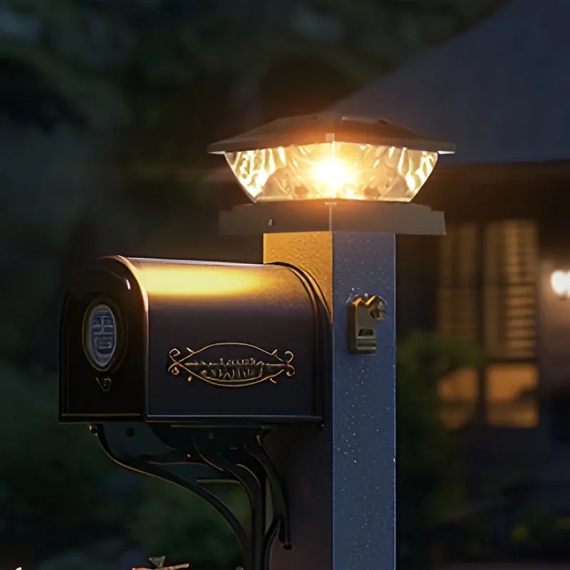 2PCS Solar outdoor post cap light, IP65 waterproof and weather-resistant, auto light control, charges by day and lights up at night, warm crystal lampshade, fits various posts, ideal for patio, fence, and garden decor.*black