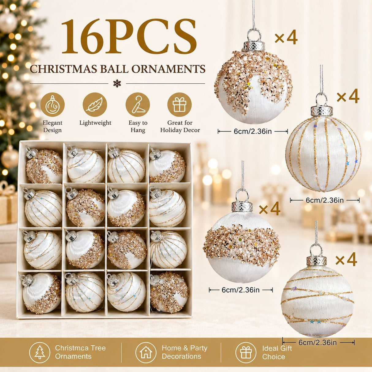 16-Piece Champagne White Hand-Painted Christmas Ornaments: 6cm lightweight plastic, shatterproof and durable, hand-painted with gold threads and glitter in 4 elegant designs, versatile and refined, perfect for decorating Christmas trees and home ambiance.