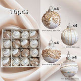 16-Piece Champagne White Hand-Painted Christmas Ornaments: 6cm lightweight plastic, shatterproof and durable, hand-painted with gold threads and glitter in 4 elegant designs, versatile and refined, perfect for decorating Christmas trees and home ambiance.