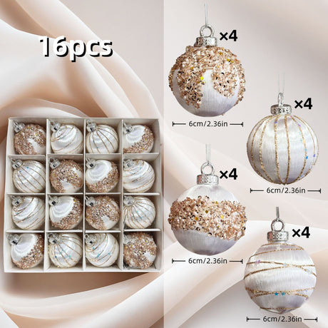 16-Piece Champagne White Hand-Painted Christmas Ornaments: 6cm lightweight plastic, shatterproof and durable, hand-painted with gold threads and glitter in 4 elegant designs, versatile and refined, perfect for decorating Christmas trees and home ambiance.