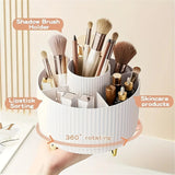 Black 360-Degree Rotating Cosmetic Organizer – 1 Plastic Makeup Storage Box with 5 Compartments – Multi-Purpose Holder for Brushes, Lipsticks, Skincare Products, and Stationery – Durable Odor-Free Desktop Storage Container with Luxurious Stripe Design