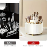 Black 360-Degree Rotating Cosmetic Organizer – 1 Plastic Makeup Storage Box with 5 Compartments – Multi-Purpose Holder for Brushes, Lipsticks, Skincare Products, and Stationery – Durable Odor-Free Desktop Storage Container with Luxurious Stripe Design