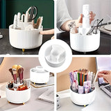 Pink 360-Degree Rotating Cosmetic Organizer – 1 Plastic Makeup Storage Box with 5 Compartments – Multi-Purpose Holder for Brushes, Lipsticks, Skincare Products, and Stationery – Durable Odor-Free Desktop Storage Container with Luxurious Stripe Design
