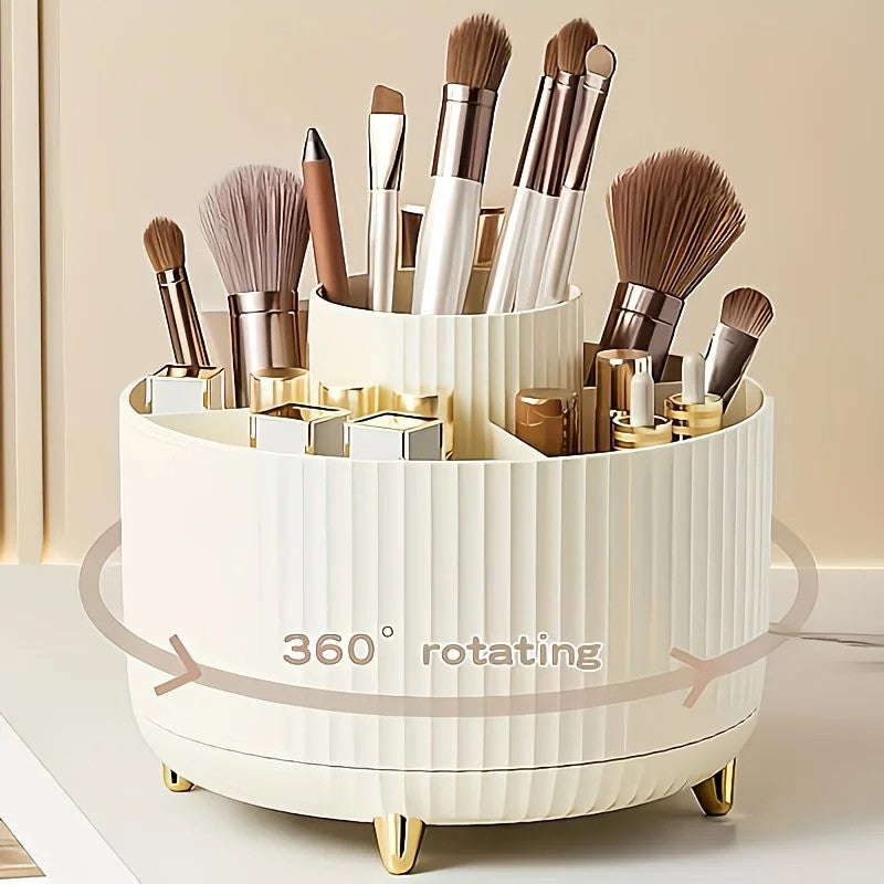 Green 360-Degree Rotating Cosmetic Organizer – 1 Plastic Makeup Storage Box with 5 Compartments – Multi-Purpose Holder for Brushes, Lipsticks, Skincare Products, and Stationery – Durable Odor-Free Desktop Storage Container with Luxurious Stripe Design