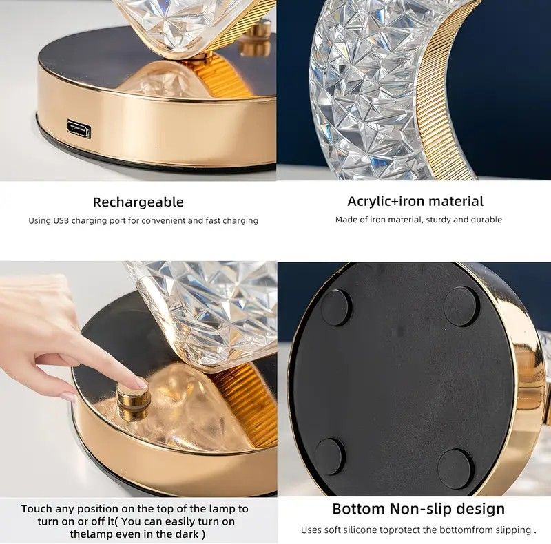Rechargeable acrylic crystal desk lamp with 3 color temperatures touch control, USB charging for portability, and stepless brightness adjustment. Diamond-cut design serves as both an ambient light and an art piece./sunflower seed