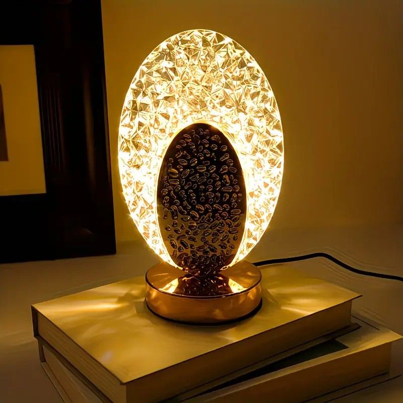 Rechargeable acrylic crystal desk lamp with 3 color temperatures touch control, USB charging for portability, and stepless brightness adjustment. Diamond-cut design serves as both an ambient light and an art piece./sunflower seed