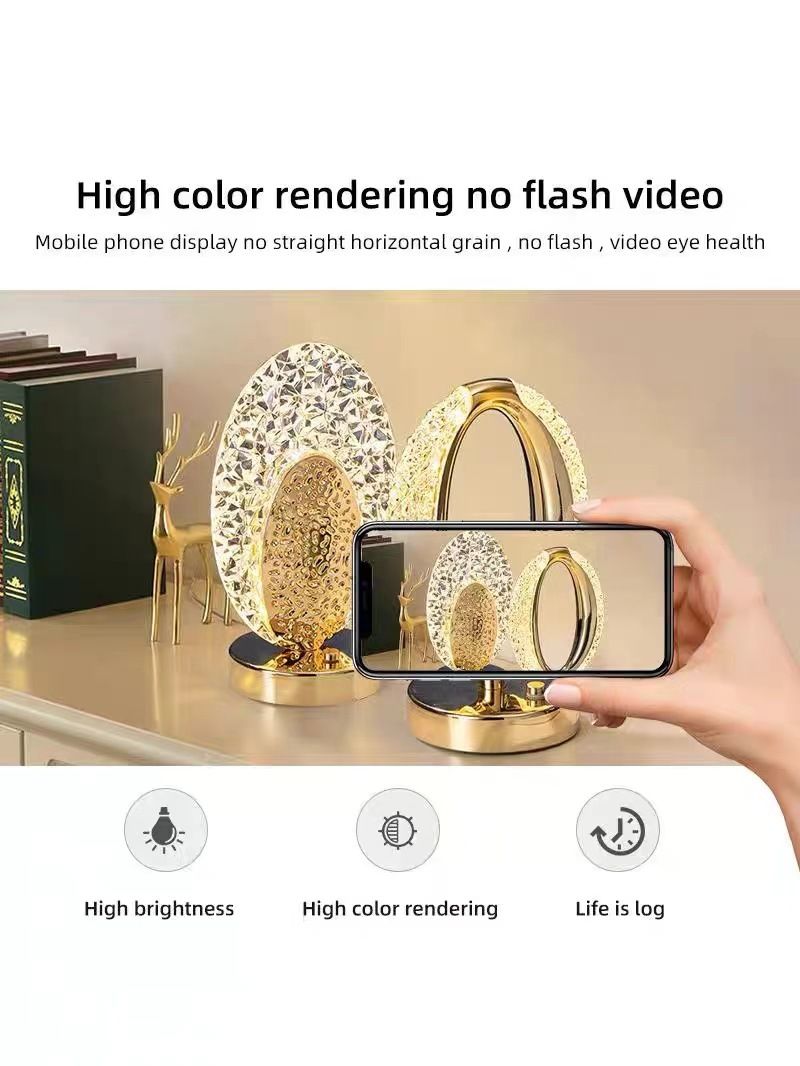 Rechargeable acrylic crystal desk lamp with 3 color temperatures touch control, USB charging for portability, and stepless brightness adjustment. Diamond-cut design serves as both an ambient light and an art piece./Peacock feather