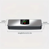 silver Rechargeable Vacuum Sealer with USB Port, designed for preserving food in both dry and wet environments, equipped with an LED screen, ideal for travel and camping.