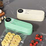 USB Rechargeable Portable Vacuum Sealer, includes sealing bags and a rapid vacuum pump. Space-saving design, suitable for vacuum packing snacks, meat, fruits, and vegetables for food preservation.GREEN