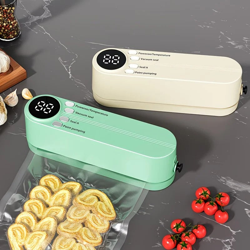 beige.USB Rechargeable Portable Vacuum Sealer, includes sealing bags and a rapid vacuum pump. Space-saving design, suitable for vacuum packing snacks, meat, fruits, and vegetables for food preservation.