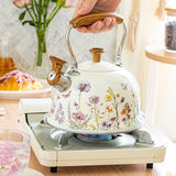 Flower Pattern Whistling Kettle, Vintage Stove Top Tea Pot With Anti Hot Handle for Gas Hob and Induction Stoves, 3 L