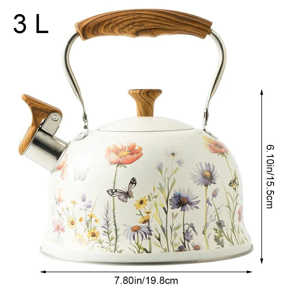 Flower Pattern Whistling Kettle, Vintage Stove Top Tea Pot With Anti Hot Handle for Gas Hob and Induction Stoves, 3 L