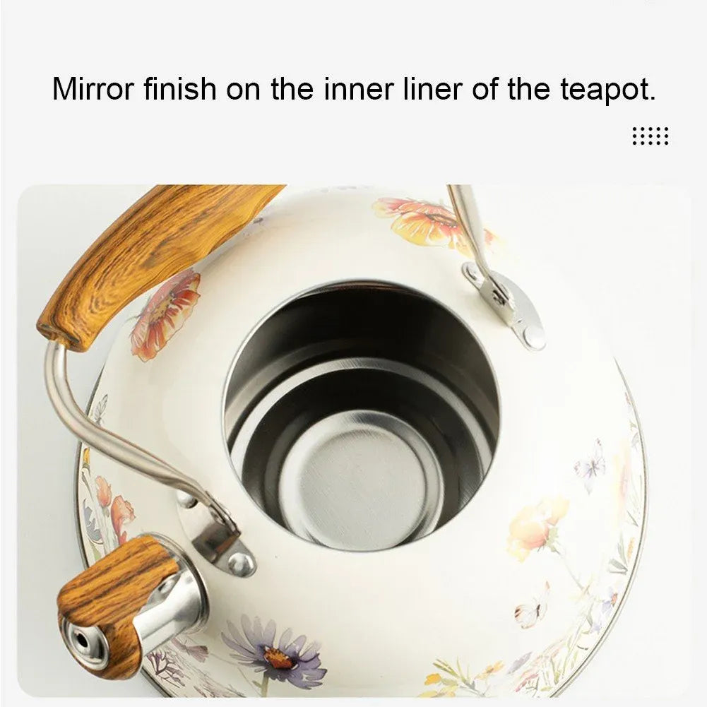 Flower Pattern Whistling Kettle, Vintage Stove Top Tea Pot With Anti Hot Handle for Gas Hob and Induction Stoves, 3 L